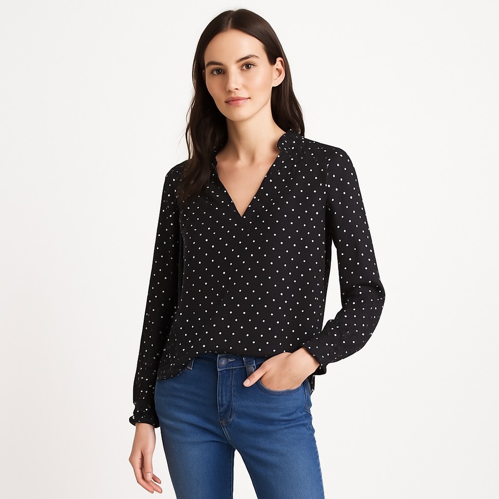 LOFT Black & White Polka Dot Long Sleeve Blouse XXL